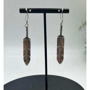 LP Signed Native American Navajo 925 Sterling Silver Feather Dangle‎ Earrings